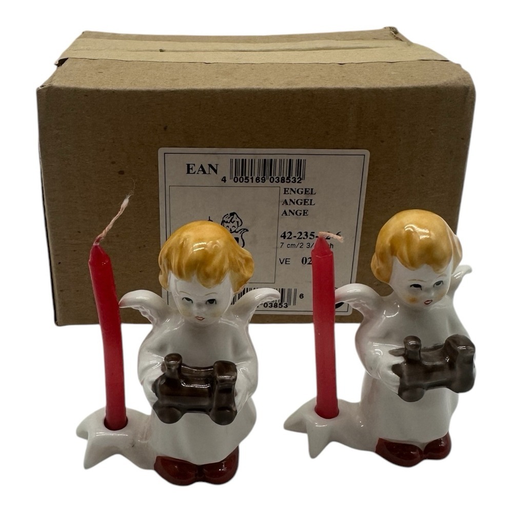 2 Vintage Goebel Christmas Candle Holders Angel w/ Toy Train 2.5" NEW IN BOX